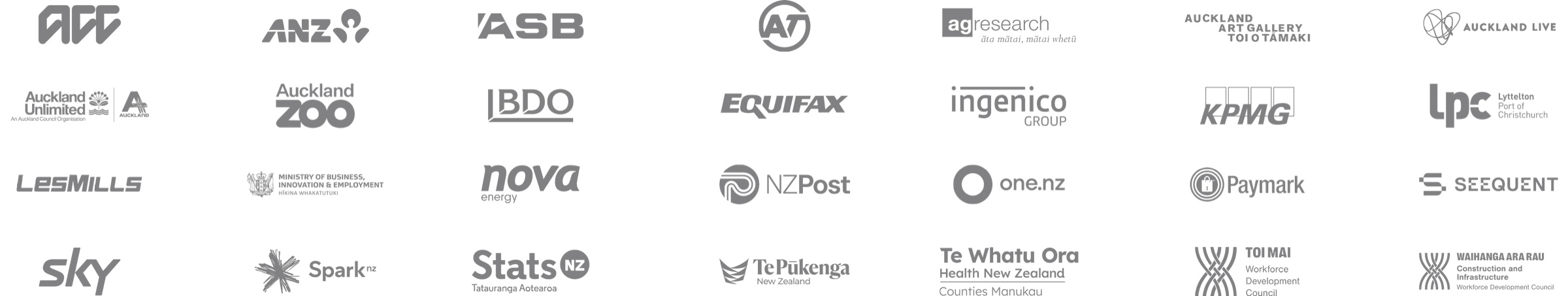 Client logos including Air New Zealand, ANZ, ASB, KPMG, BDO, NZ Post, Spark, Sky, Stats NZ, Equifax and Auckland Council