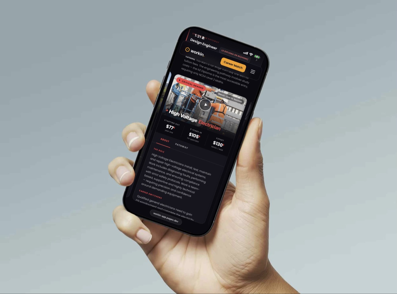 The workin app open on a phone, showing a High Voltage Electrician career pathway with salary and training detail